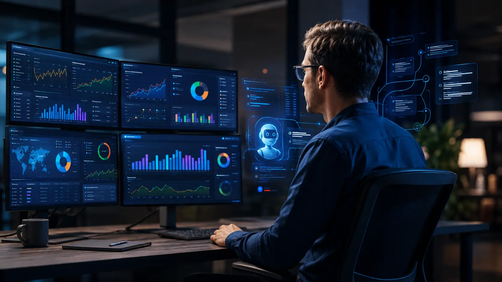 Ilustrasi AI agent yang menganalisis dashboard Google Ads dan Google Analytics