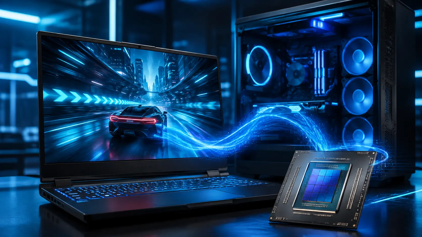 Ilustrasi komputer gaming dengan teknologi Intel XeSS 3