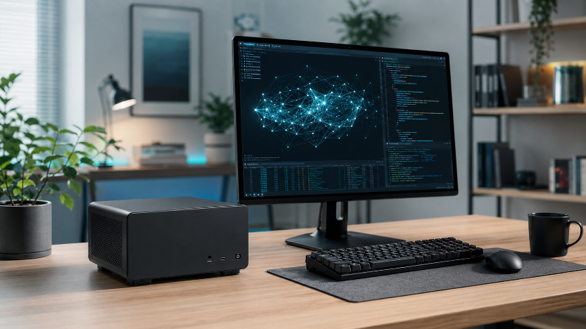Mini PC di meja kerja developer dengan monitor menampilkan visualisasi jaringan AI dan kode.