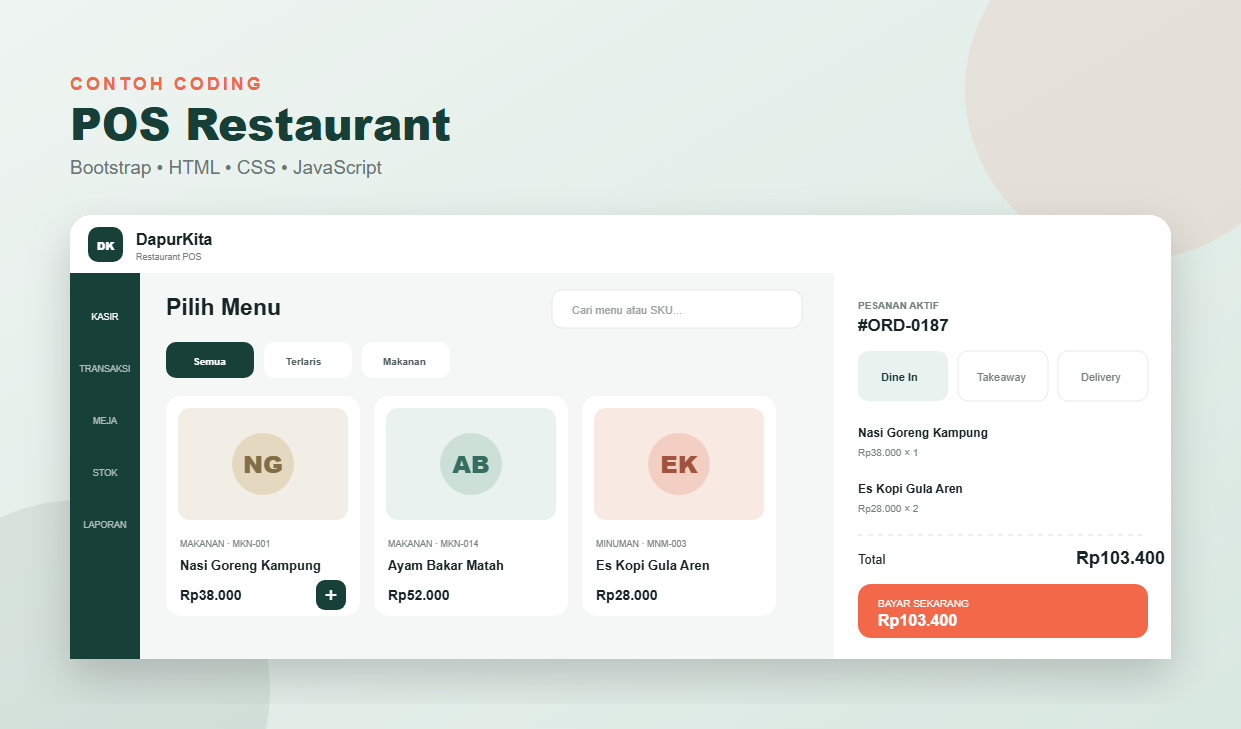 Contoh coding Contoh Coding POS Restaurant dengan Bootstrap, CSS, HTML, dan JavaScript